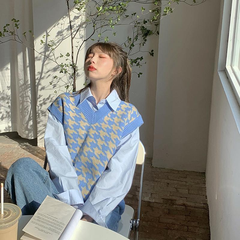 Dame Genser Vest Høst Houndstooth Rutete V-hals Ermeløs Strikket Vintage Løs Oversized Dame Genser Vest Dameklær