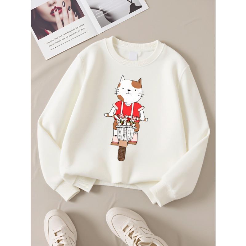 European Sizes Girls Soft Crewneck Sweatshirt Cute Cat Riding Bike with Flower Basket, Casual for Fall Winter, Ideal Holiday Present.