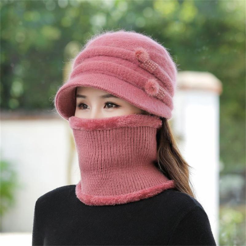 Women Winter Hat Keep Warm Cap Add Fur Lined CAPS And Scarf Set Warm For Female Casual Rabbit Fur Winter Knitted Bonnet