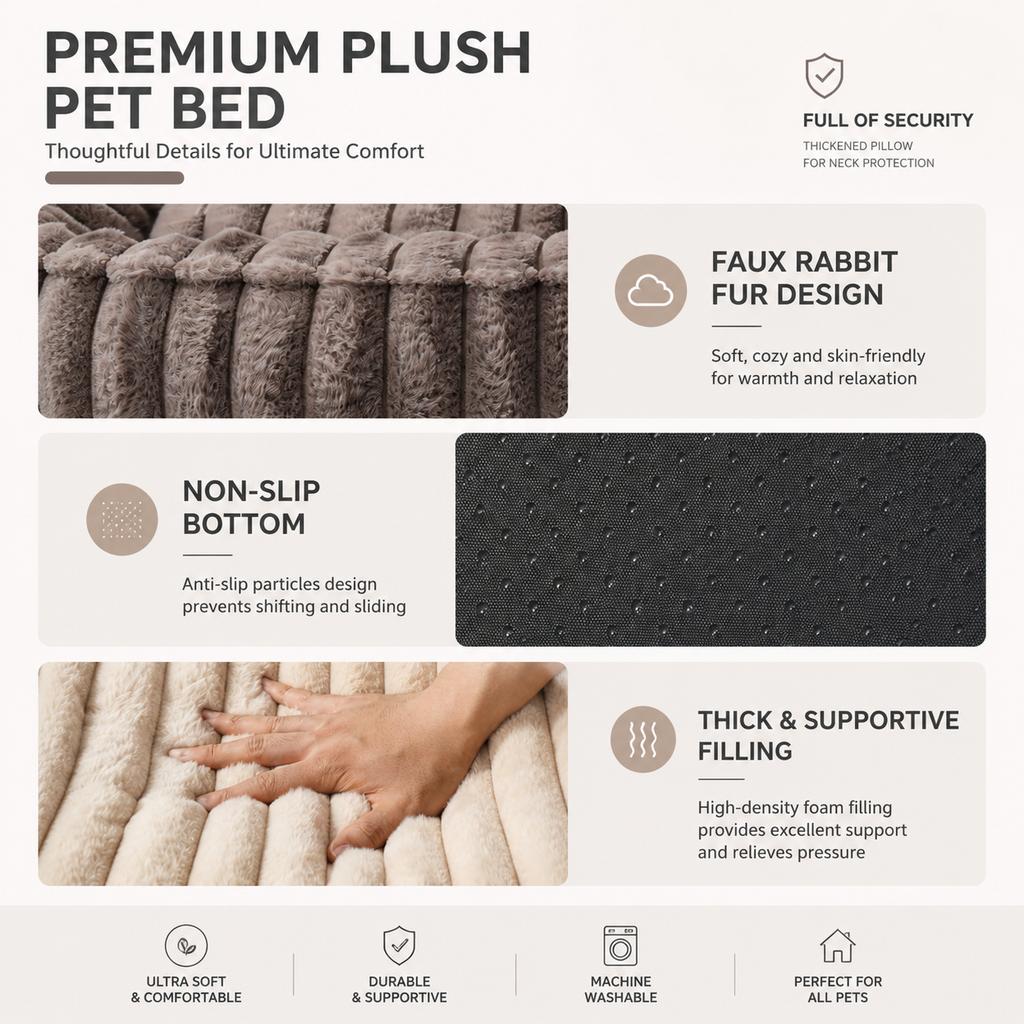 Luxury Plush Pet Bed Soft Cozy Dog Bed Cat Bed Calming Cushion Washable Anti Slip Comfortable Sleeping Sofa for Small Medium Pet
