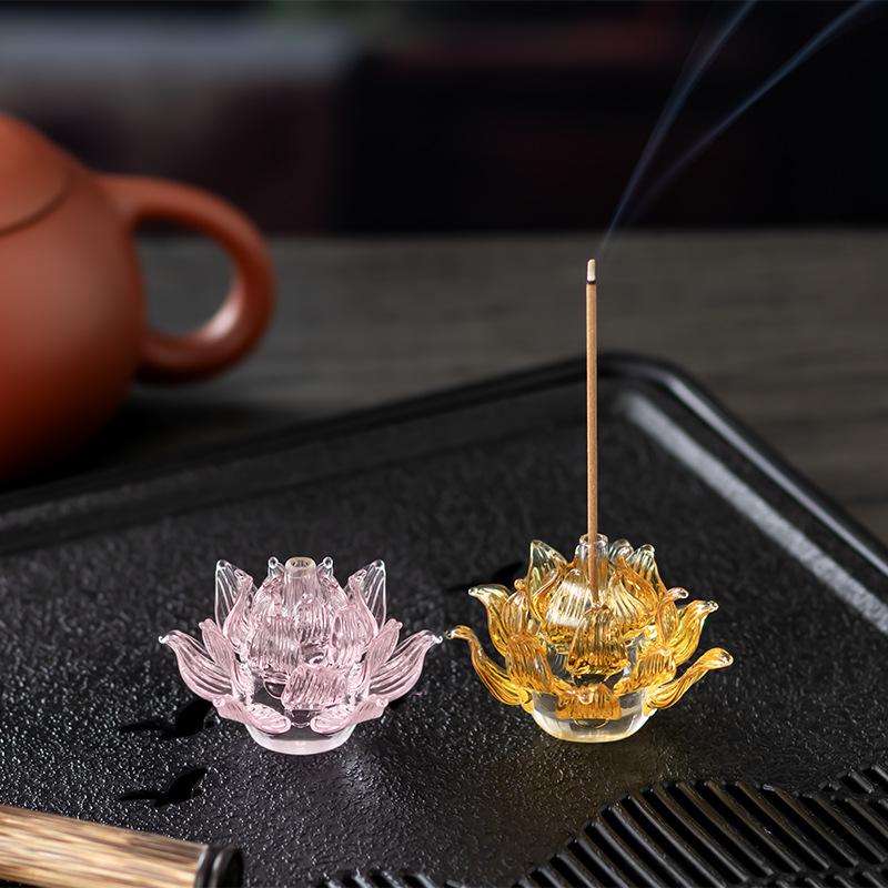 High Borosilicate Glass Lotus Flower Incense Holder & Candle Stick,Gold Gilded Buddhist Altar Decor for Home Temple