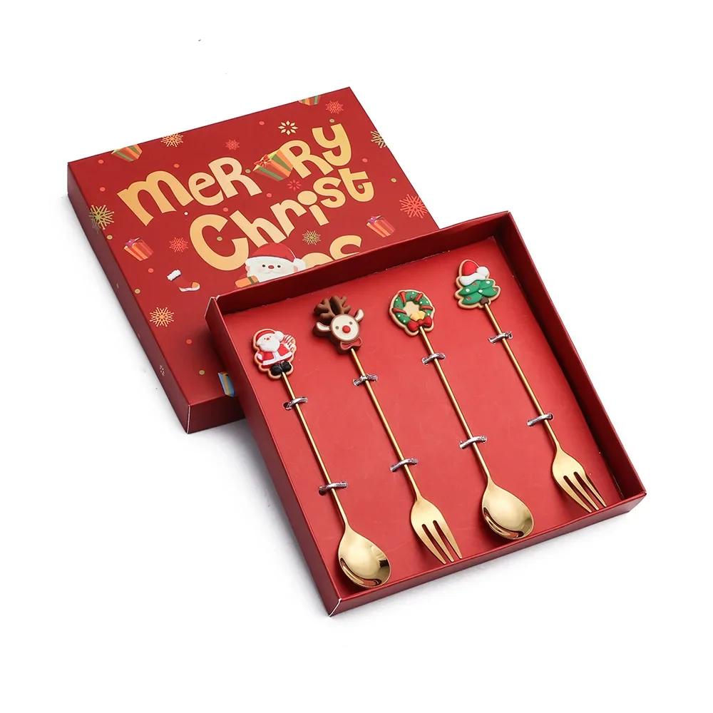 2025 Christmas Spoon and Fork Set Stainless Steel Creative Tableware Coffee Tea Dessert Spoon Spoons with Gift Box 6Pcs New