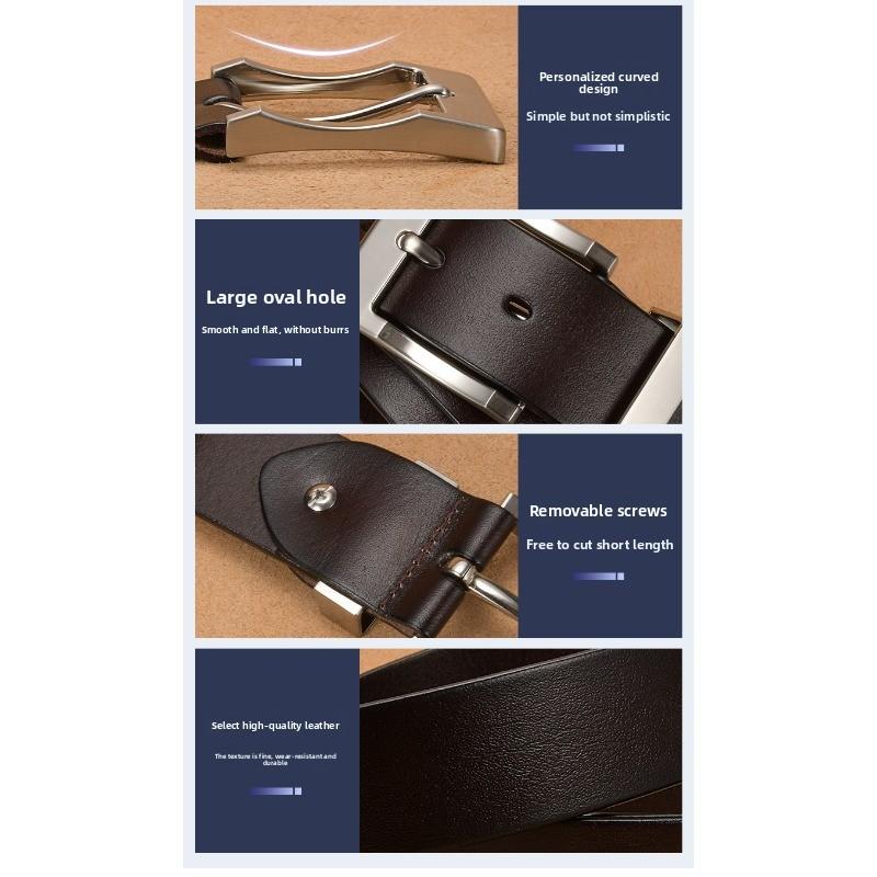 Men's pin buckle leather belt - casual top grain cowhide wide belt for men - simple and stylish waistband for young and middle-aged men