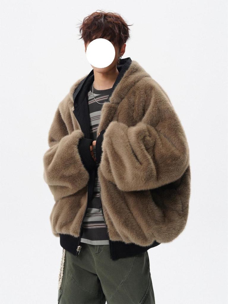 Trendy Reversible Faux Rabbit Fur Men's Winter Jacket: Cool, Warm, Retro Hooded Cotton Coat for Couples