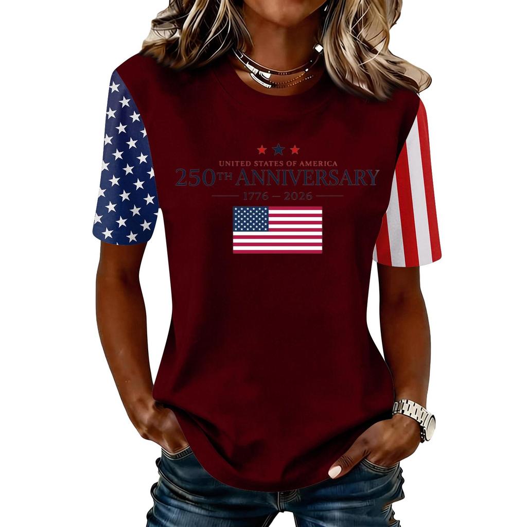 Blusa Feminina da Moda Casual de Manga Curta com Estampa e Gola Redonda