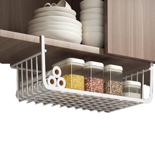White, Space-Saving, Under-Cabinet Hanging Storage Rack with Multifunctional Plate Basket, Steel Design for Kitchen, Closet, or Bathroom Use. No Tools
