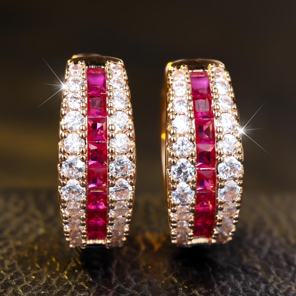 Elegant Red Color Stone Earrings for Women Full Zircon Gold Jewelry Party Gift