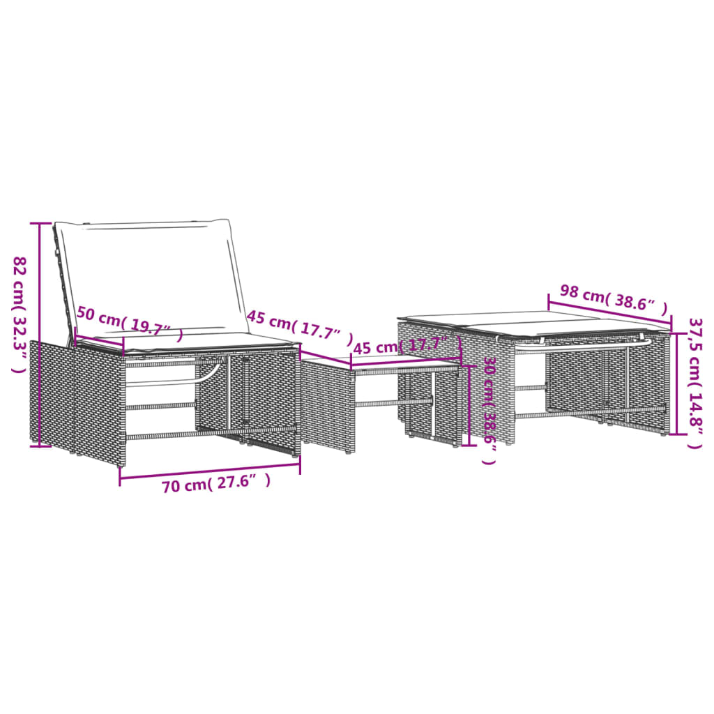 Modular Sun Loungers 2 pcs with Table Black Poly Rattan