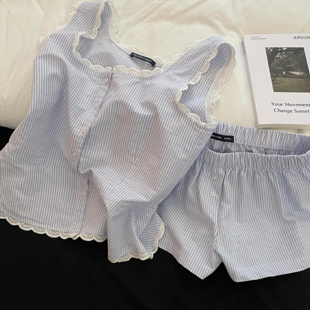 Women's Korean Striped Lace Patchwork Camisole and Shorts Set