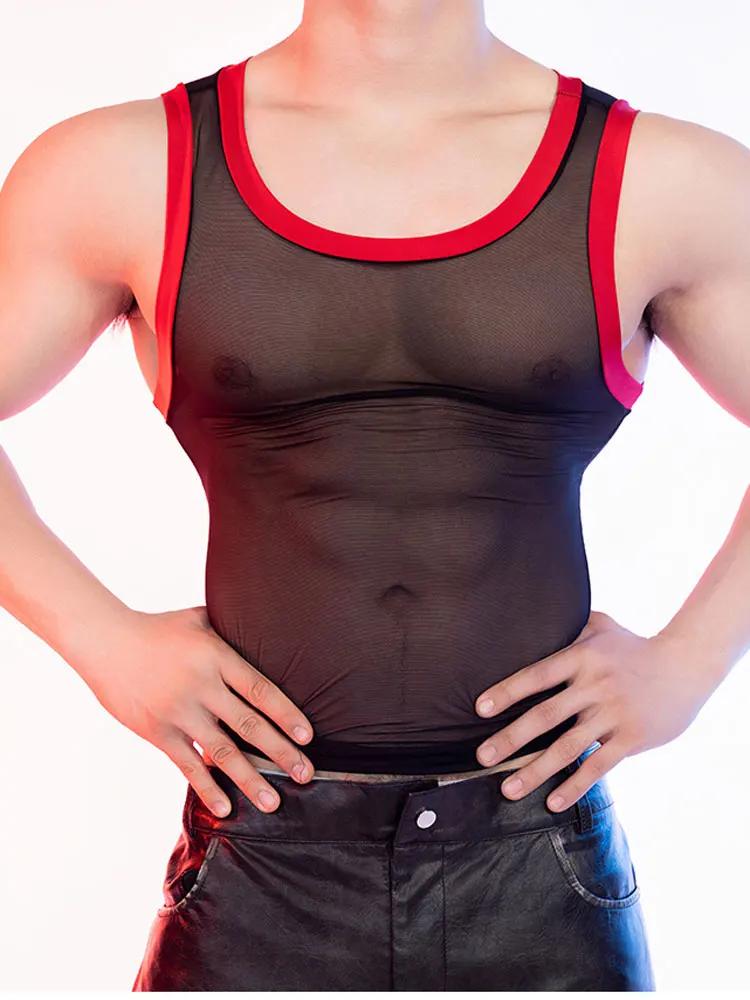 Men'S Sexy High Elastic Shaping Vest Breathable Mesh Sheer See Through Tank Tops Man Nightclub Party T-Shirts