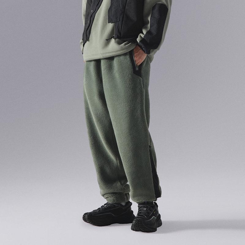 Li Ning CF Suo Spodnie Casualowe z Polaru w Jednolitym Kolorze ze Ściągaczami Unisex Szare-Zielone AKLU901-3
