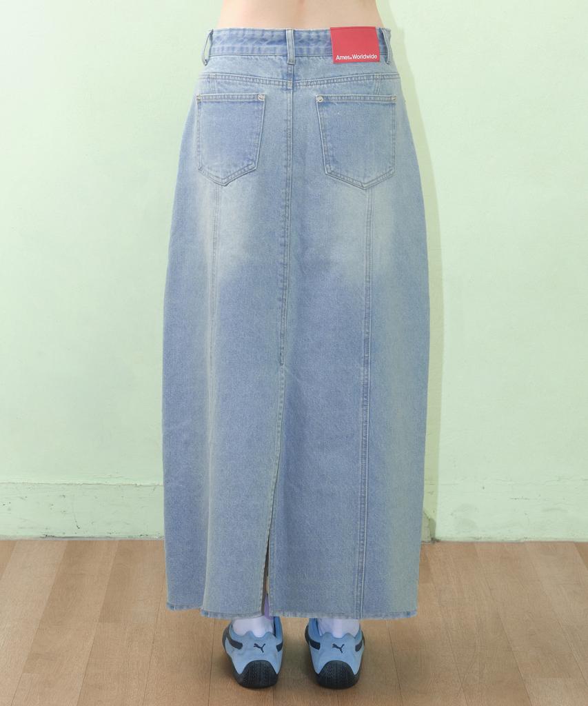 AMES-WORLDWIDE Curved Line Denim Long Skirt Light Blue