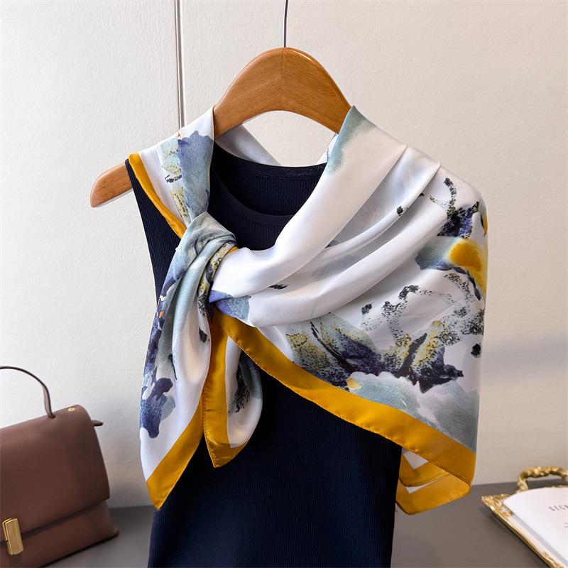 Korean Version of the New Simulated Silky Brocade Large Square Scarf Light Color Ye Yun Silk Scarf 91cm Printed Shawl Sunscreen Headscarf Women