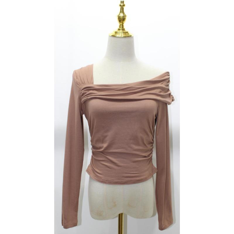 Spring Summer Women's T-Shirts Single Shoulder Long Sleeve Top with Ruffles Outing Sexy Slimming Tops Y2K