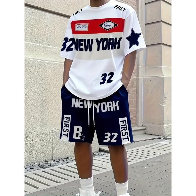 32 New York Graphic Men's Tee & Shorts Set - White w/Red-Blue Accents, Regular Fit, Summer Streetwear