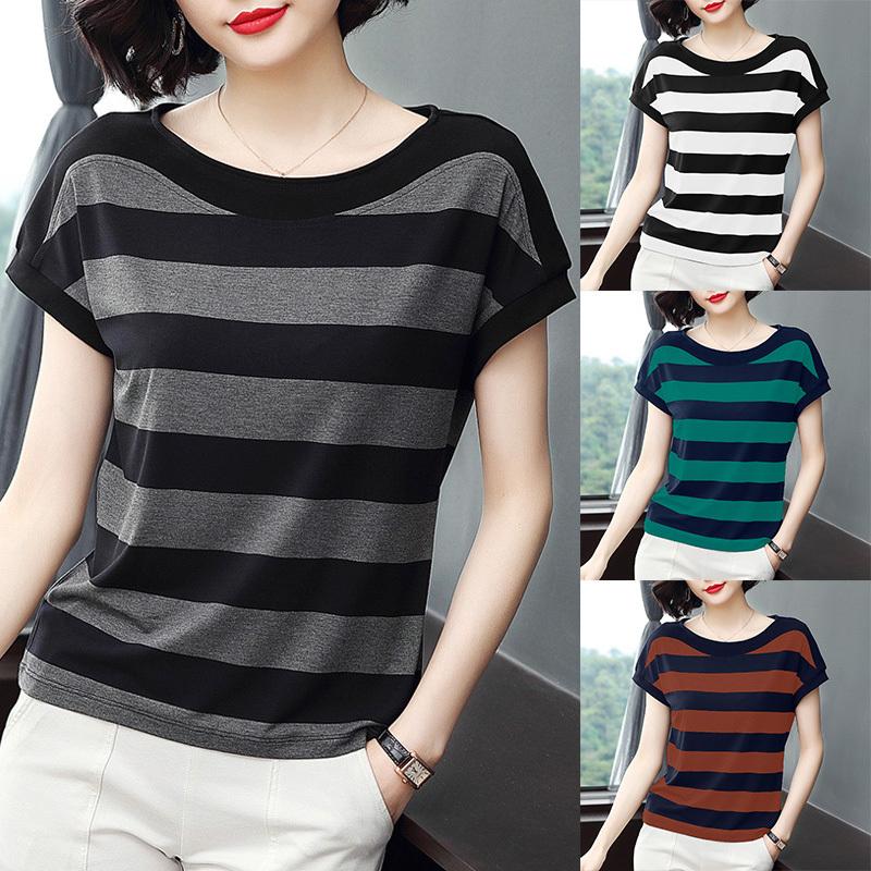 Buy Women Summer Loose T Shirt Stripes Printing Round Collar Short ...
