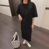 Women's Summer Loose Fit Solid Color T-Shirt Dress - Medium Long with Round Neck and Short Sleeves