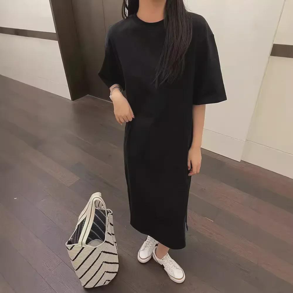 Women's Summer Loose Fit Solid Color T-Shirt Dress - Medium Long with Round Neck and Short Sleeves