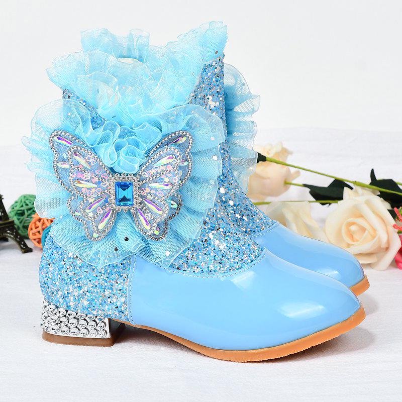 Girls' Plus Velvet Rhinestone Butterfly Boots - Warm Autumn/Winter High-Heeled Short Boots for Kids.