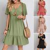 Summer Dress for Women Short Sleeve Pleated V Neck Dress Tiered Swing A Line Dress Casual Flowy Beach