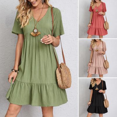 Summer Dress for Women Short Sleeve Pleated V Neck Dress Tiered Swing A Line Dress Casual Flowy Beach Sundress