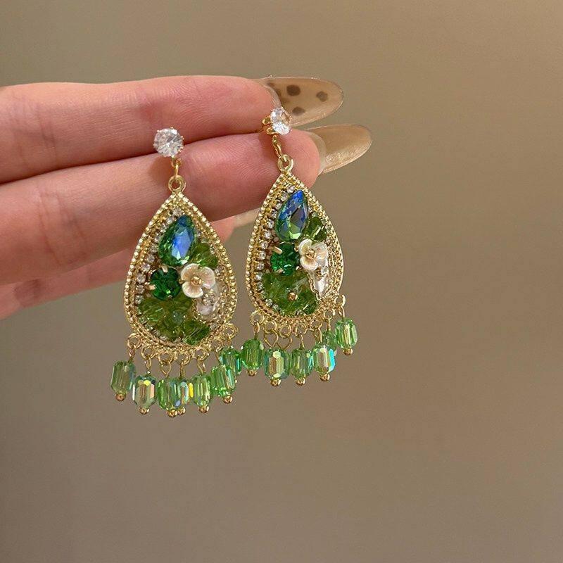 Medieval Silver Needle with Diamond Resin Water Drop Flower Fringed Stud Earrings Retro Ethnic Style Earrings Design Sense Niche Earrings