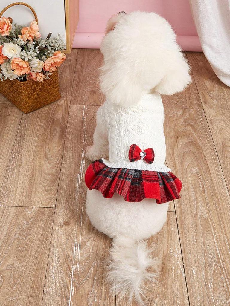 Pet Fall/Winter Outfit: Knit Sweater & Plaid Skirt with Bow-Tie for Dogs and Cats, Faux Two-Piece Design