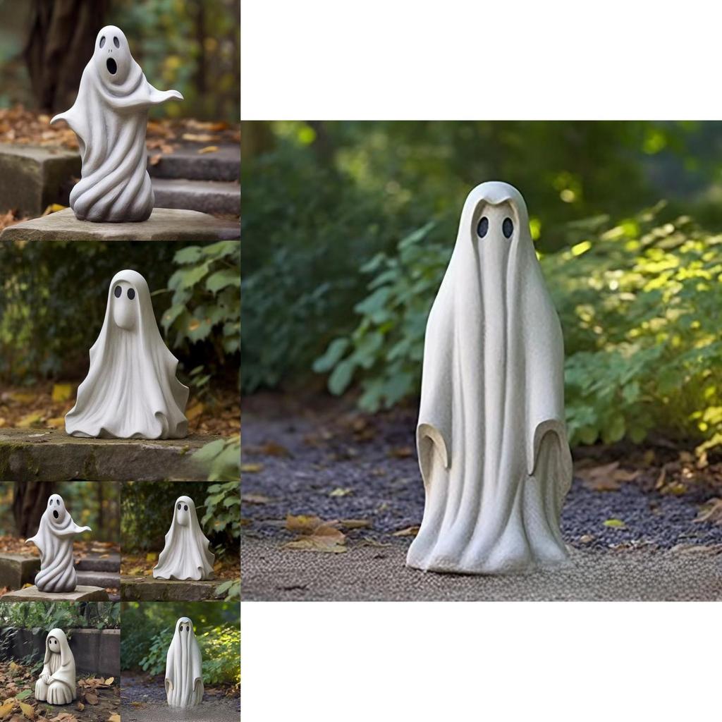 Whimsical White Ghost Lawn Ornament Captivating Resin Garden Sculpture Perfect For Halloween