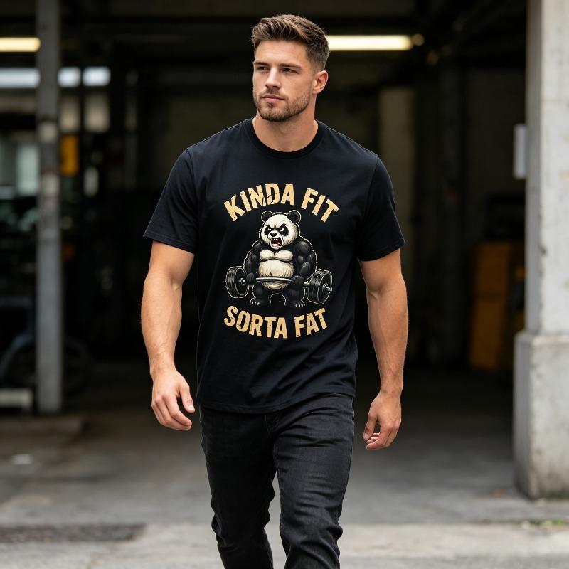 Funny Gym Panda Weightlifting Graphic Tshirt Soft Modal Kinda Fit Sorta Fat Unisex Tee Workout Casual Short Sleeve Fash Tops
