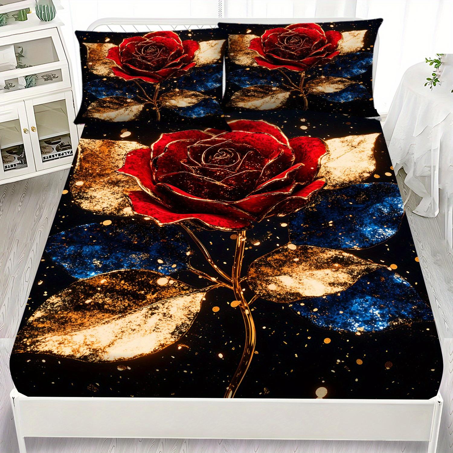 

Galaxy Red Rose Fitted Sheet Set 3D Print Romantic Starry Sky Bedding Set Soft Breathable Microfiber Fabric For Women Bedroom 200x220x25cm