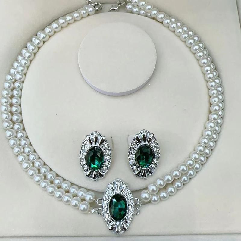 Imitation Pearl Jewel Earrings Necklace French Retro Court Style Double Pearl Beaded Jewelry Set зелёный