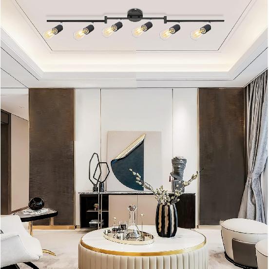 Kimjo 6-Light Track Lighting Fixtures Ceiling, Flush Mount Black Track Light Kit with Rotatable E26 Light Heads, Directional Kitchen Ceiling