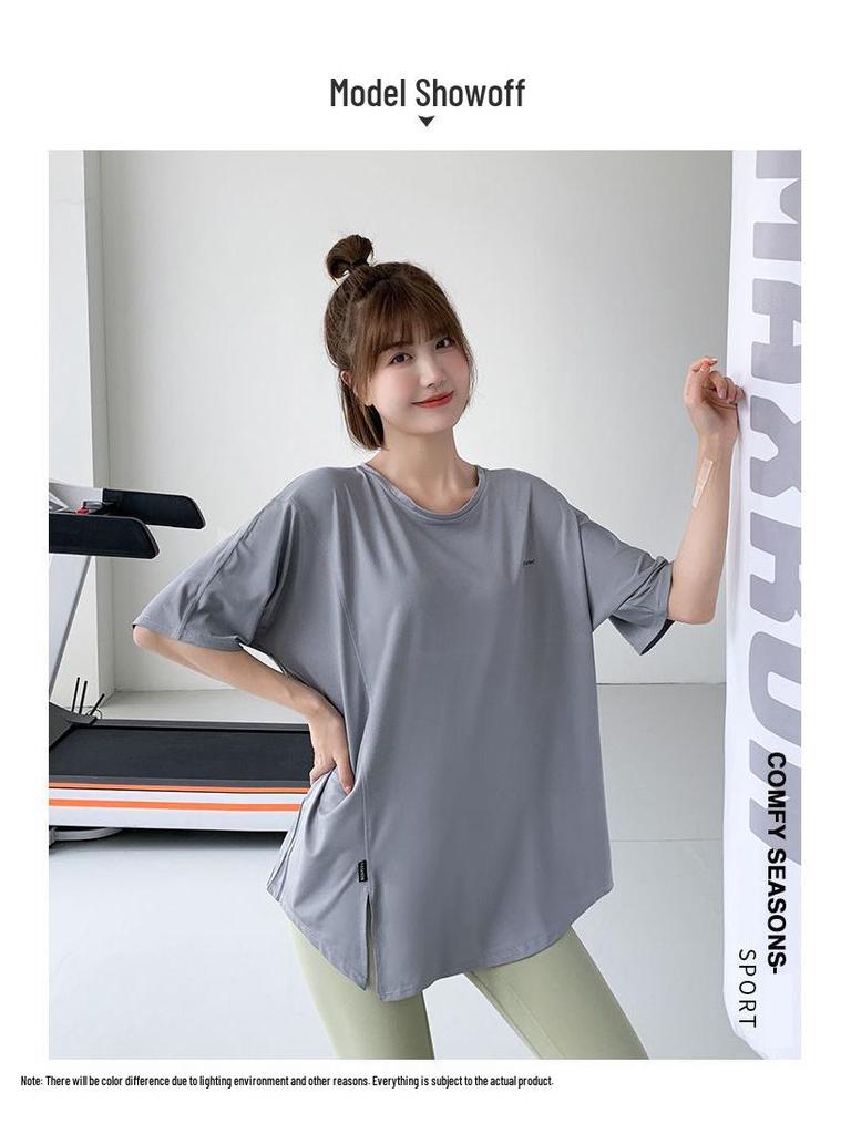 Plus Size Quick-Dry Fitness Top - Round Neck, Hip-Hiding, Slimming Outerwear for Yoga & Running