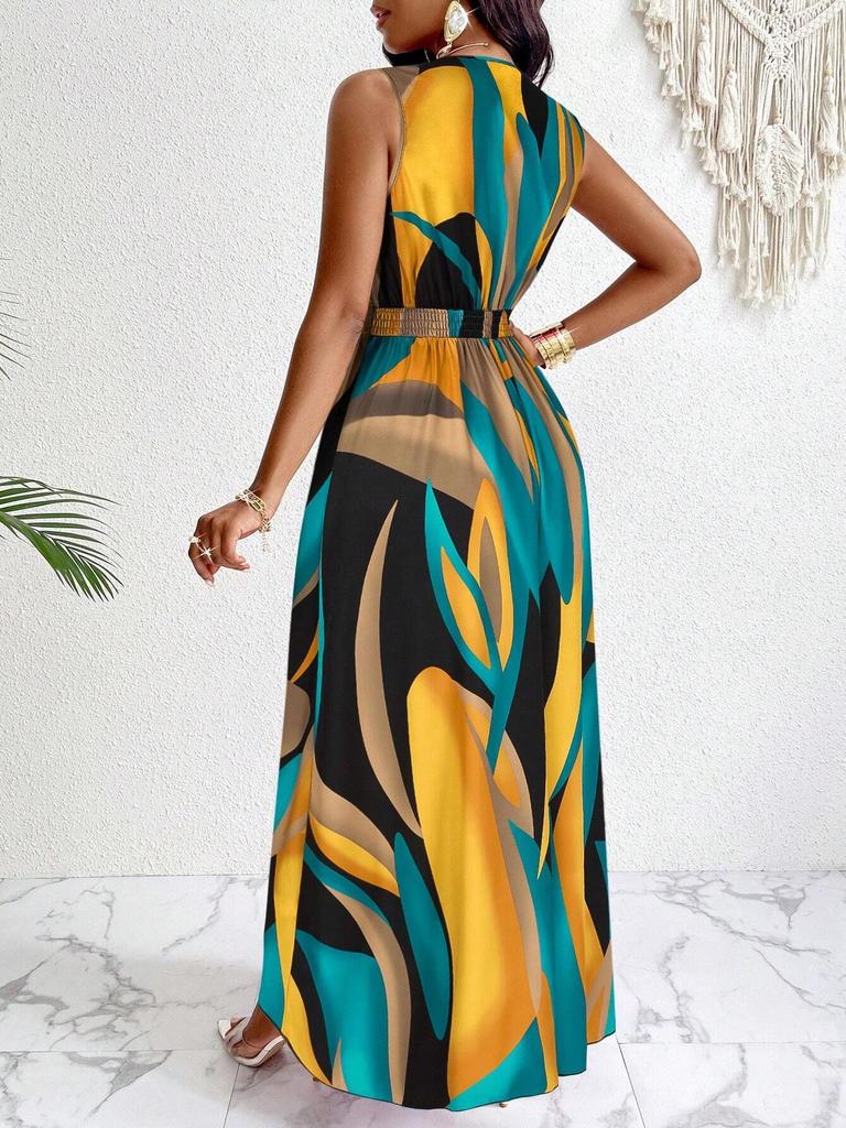 Elegant European & American Women's Sleeveless V-Neck Dress - Sexy, Fashionable, Printed Design 2026