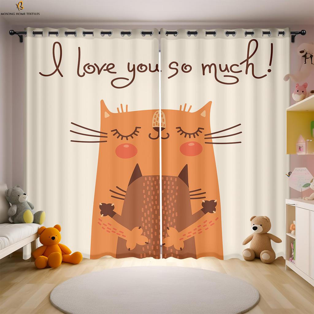 Set Of 2 Cute Funny Cat Printed Curtains Polyester Bedroom Living Room Kids Window Decoration Curtain Perfect For