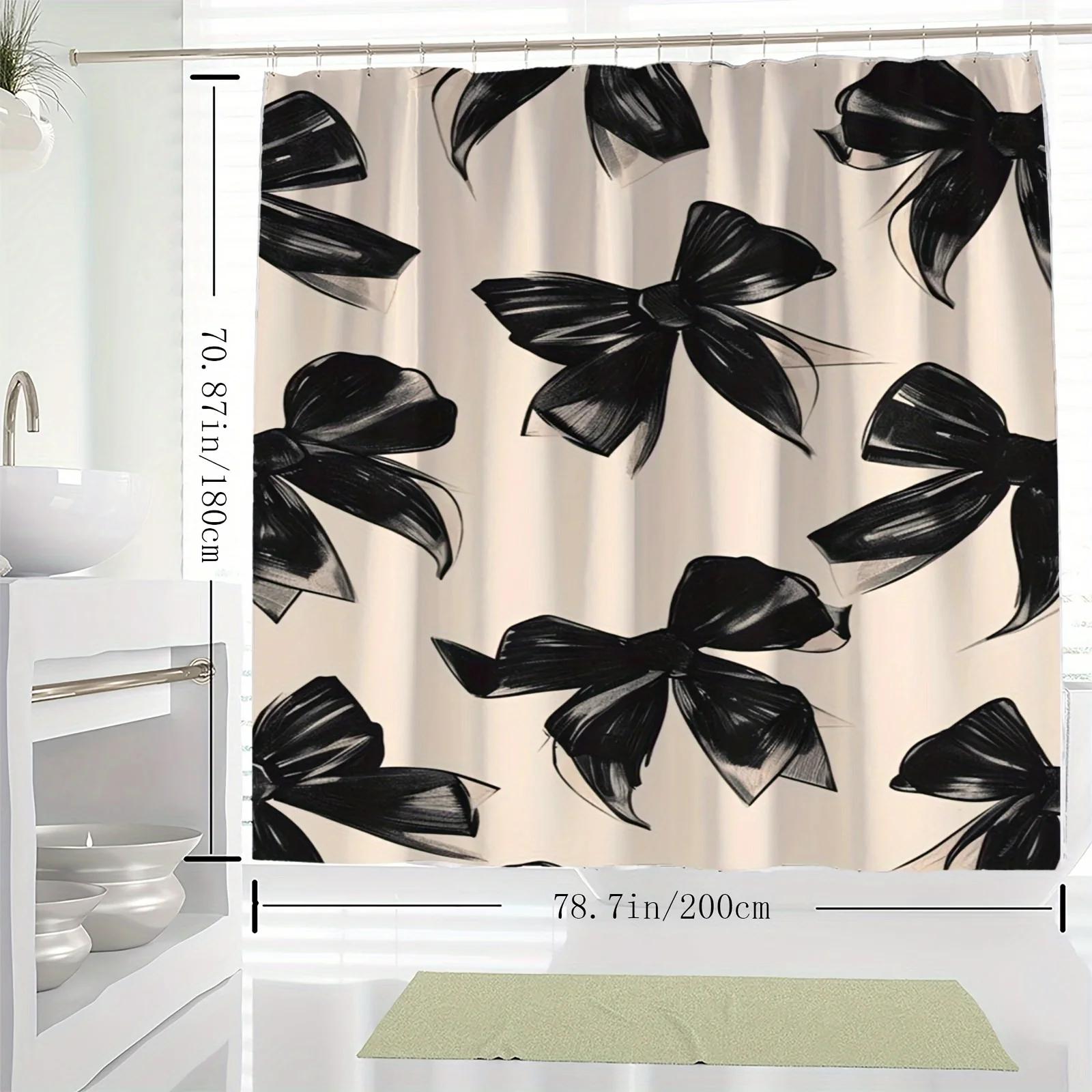 

1pc Black Bowknot Digital Print Shower Curtain, Includes Hooks, Artistic Pattern, Perfect Home & Bathroom Decor W90xH180cm