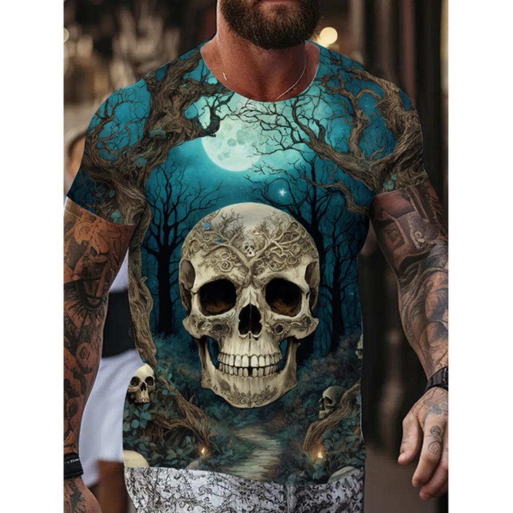 New Men's Fun Skull Pattern T Shirt Suit Mob Skull Print Short Sleeve Summer Casual Loose Round Neck T Shirt Breathable Top