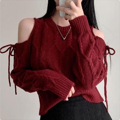 Off-the-shoulder Sweet Korean Fashion Pullover Women Sweater Autumn Winter Bow Tie Lace Up Casual Knitted Tops O Neck Loose Long Sleeve Clothing
