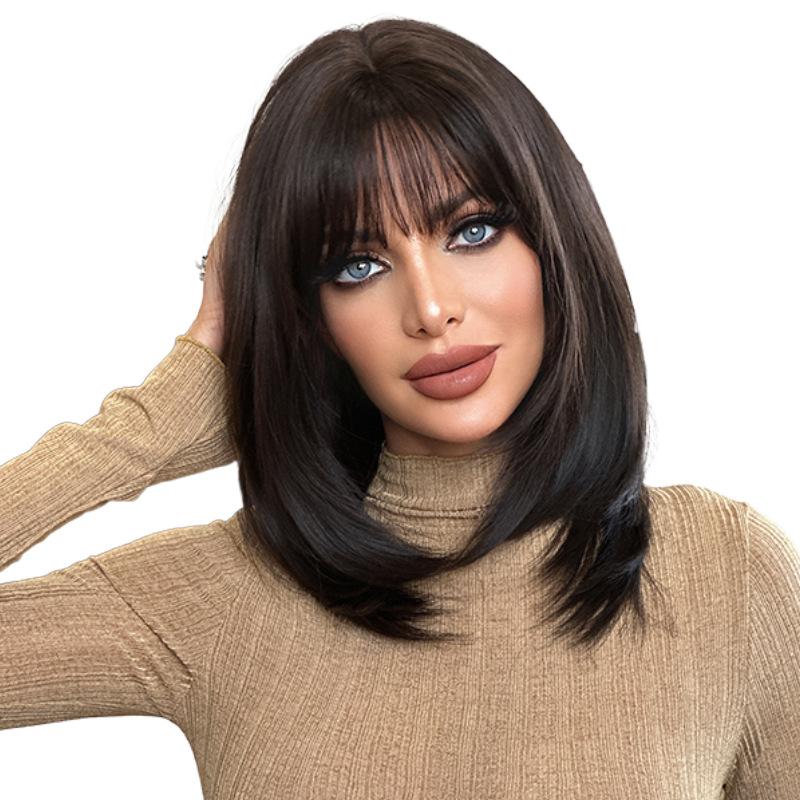 Dark Tea Brown Shoulder Length Straight Wig for Women - Layered Design Daily Outdoor Realistic Hair Full Cap Natural Wig