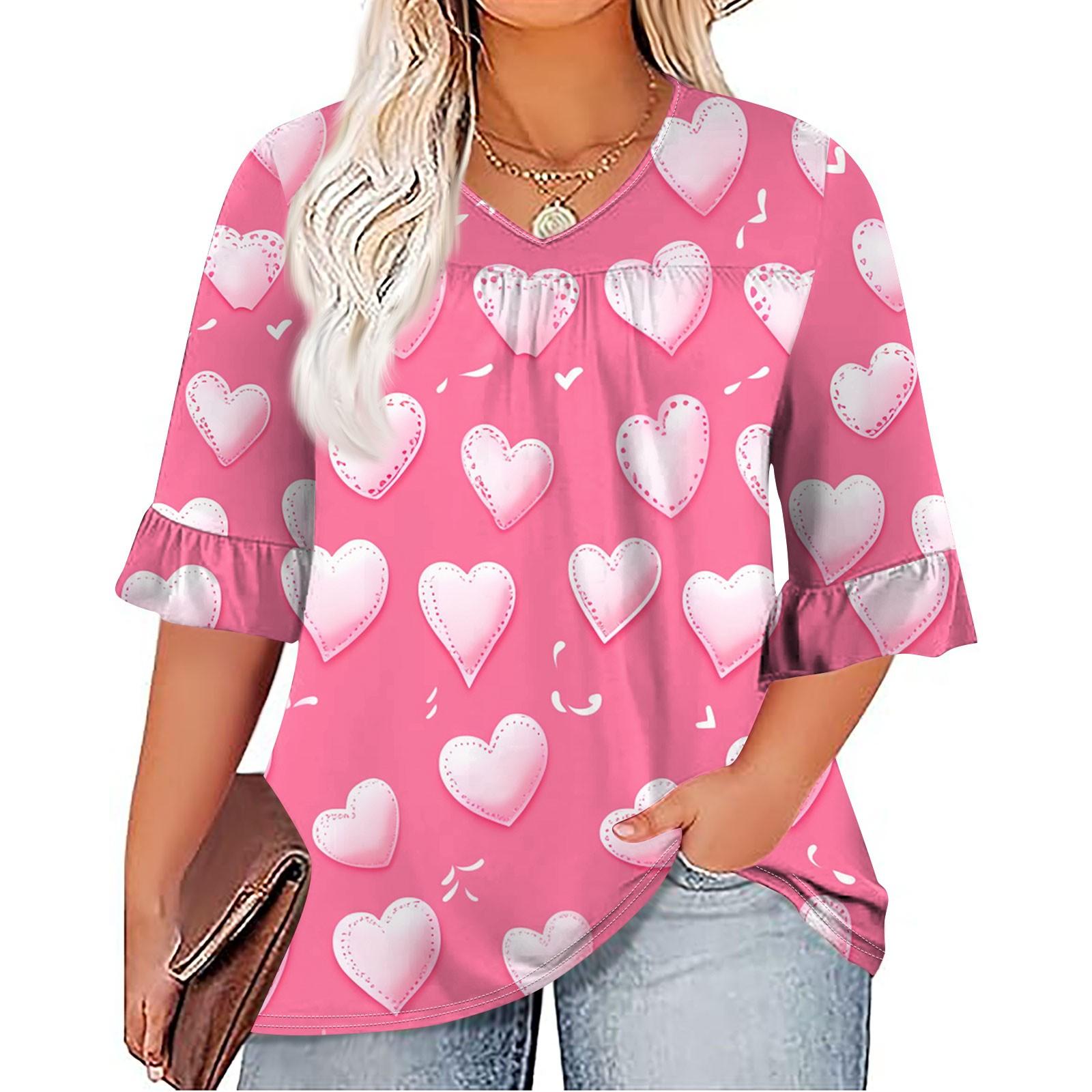 

Женская мода, повседневная плиссированная футболка с v-образным вырезом и принтом, семиминутная футболка с рюшами и рукавами, топы больших размеров XXL розовый