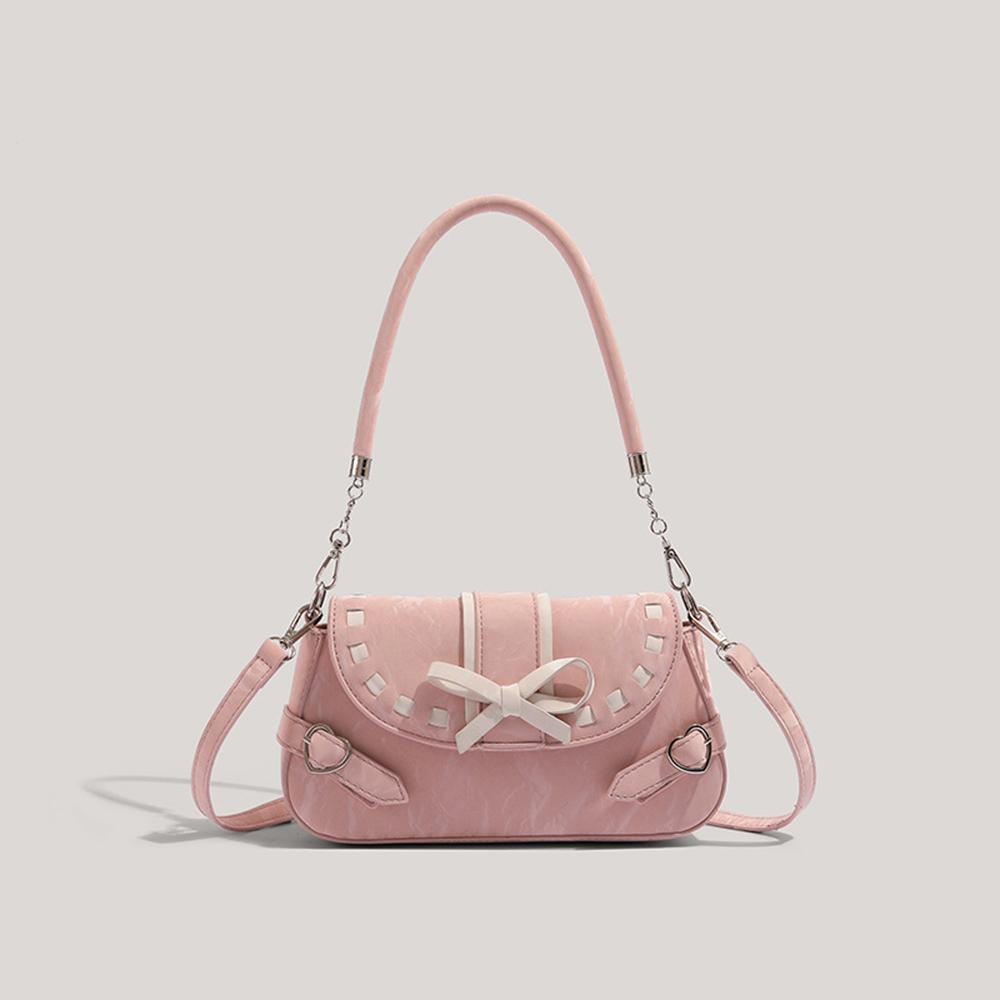 Pink White Ctrast Soft Leather Handbag PU Crossbody Bow Decorated Underarm Purse Sweet Style Women Pack Fashi Daily Bag