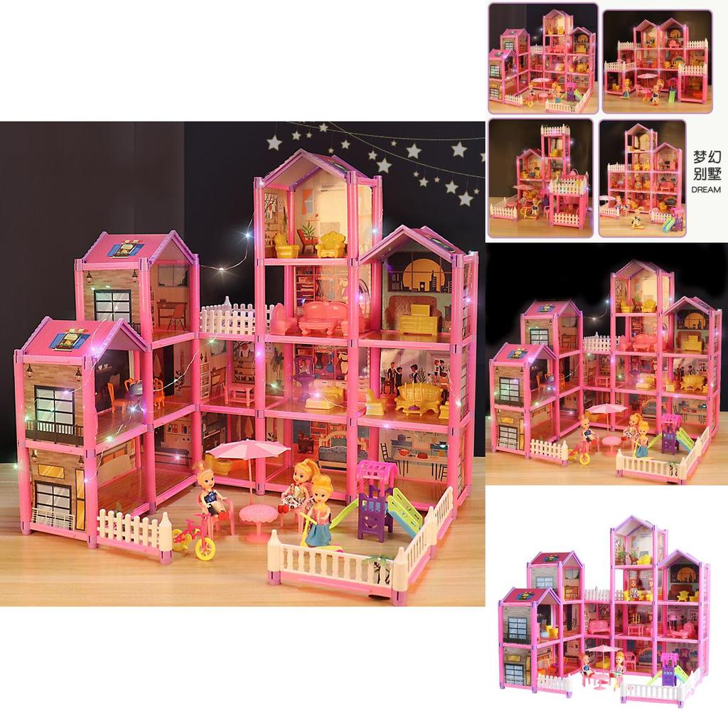 Colorful Led Light Huge Dollhouse 14 Rooms 7 Designs Perfect Gift For Girls
