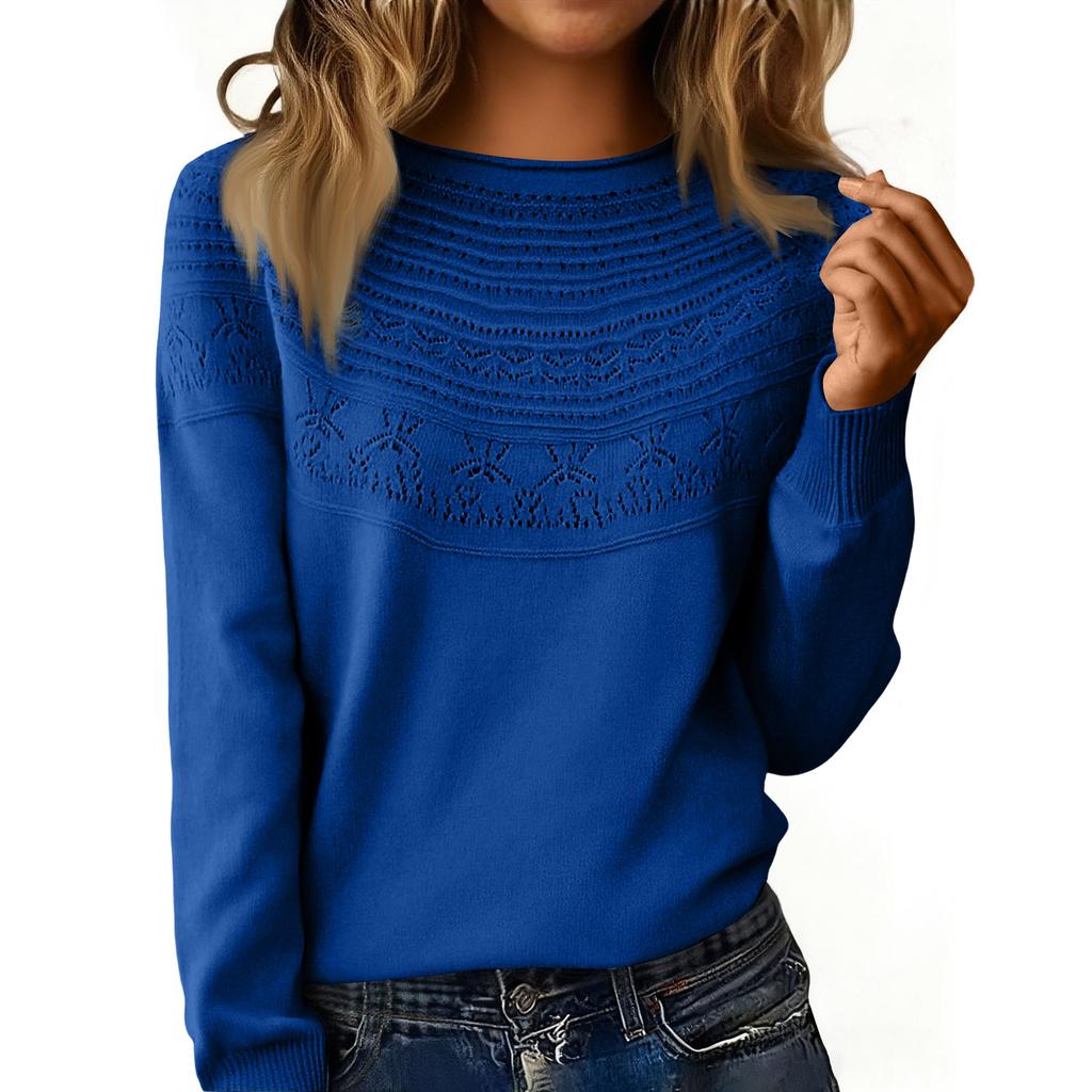 Women's Fashion Rolled-Collar Round Neck Lace-Up Pullover Knit Sweater Long Sleeve Solid Color Sweater