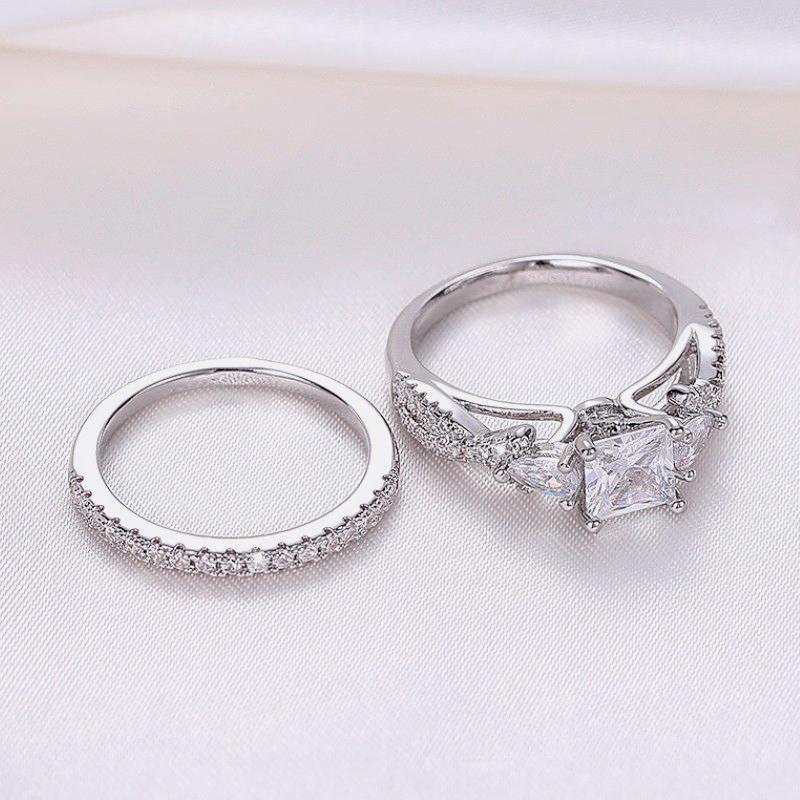 Huitan Luxury Princess Cubic Zirconia Set Rings Women for Wedding High-quality  Color Eternity Bride Rings Fashion Jewelry