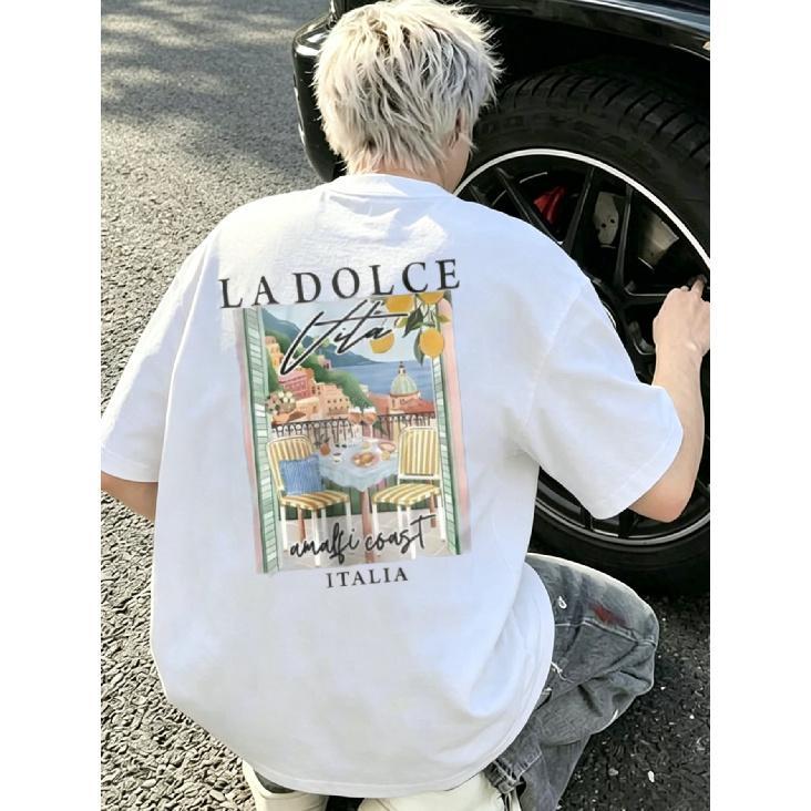 White T Shirt with Amalfi Coast Italia Print And La Dolce Vita Text for Casual Wear S