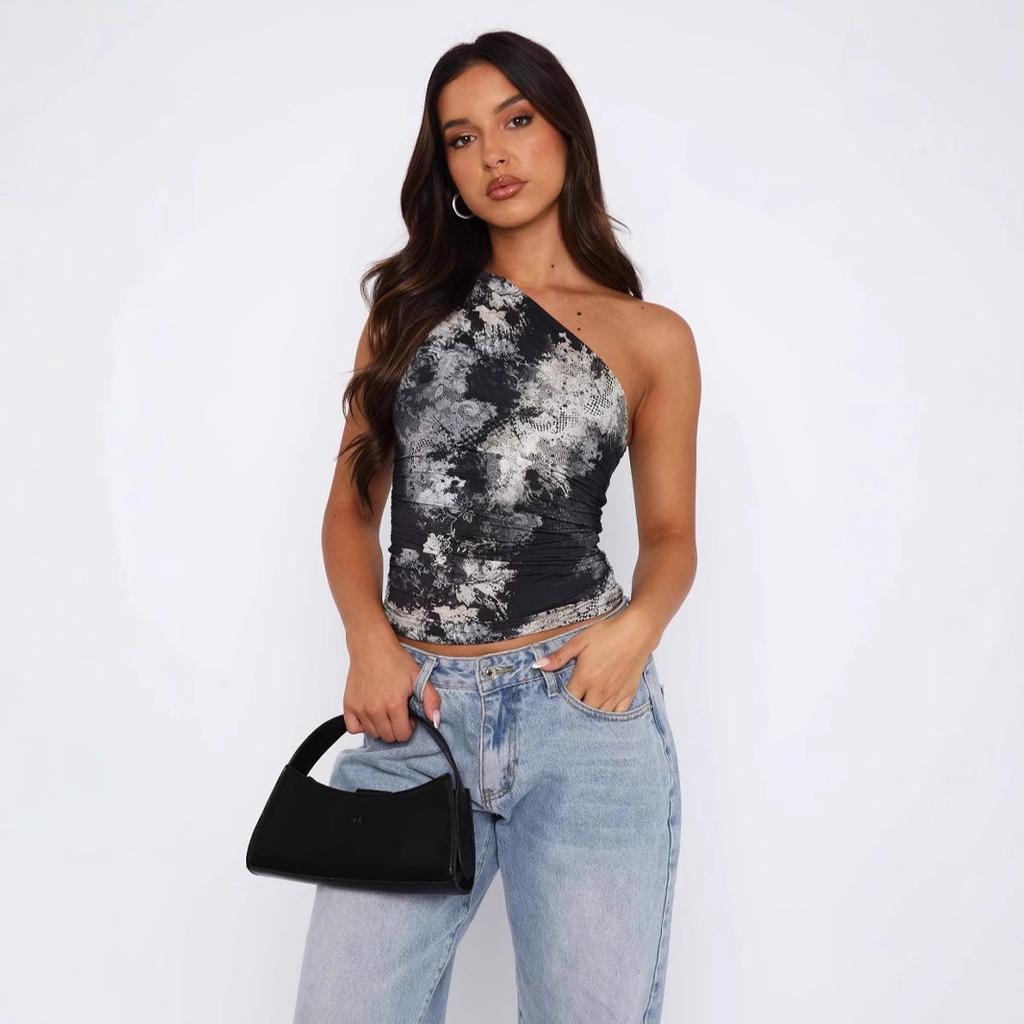 S European and American style spring and summer new YK Spice Girls women's clothing slanted shoulder sleeveless sexy T-shirt design slim top