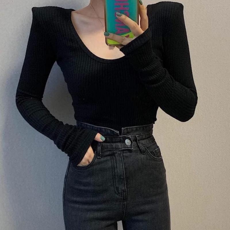 

Women s Winter U-neck Slim-fit Solid Color Long Sleeve with Padded Shoulders One Size чорний