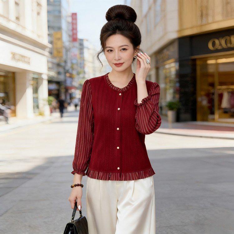 Chiffon Lace Patchwork Long-Sleeve Top for Mature Women 5XL