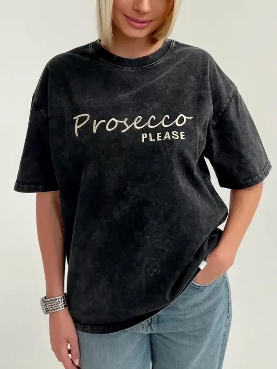 

Retro Distressed Black Cotton Letter Print T-Shirt - Summer Casual Short Sleeve S мити чорний колір