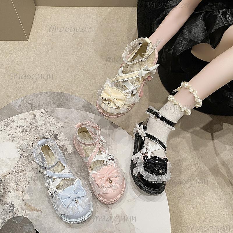 Cute Lace Decors Bow Knot Lolita Shoes Thick-sole Women's Mary Jane Shoes Size 35-39 Japanese Style Lovely Round Toe Pumps